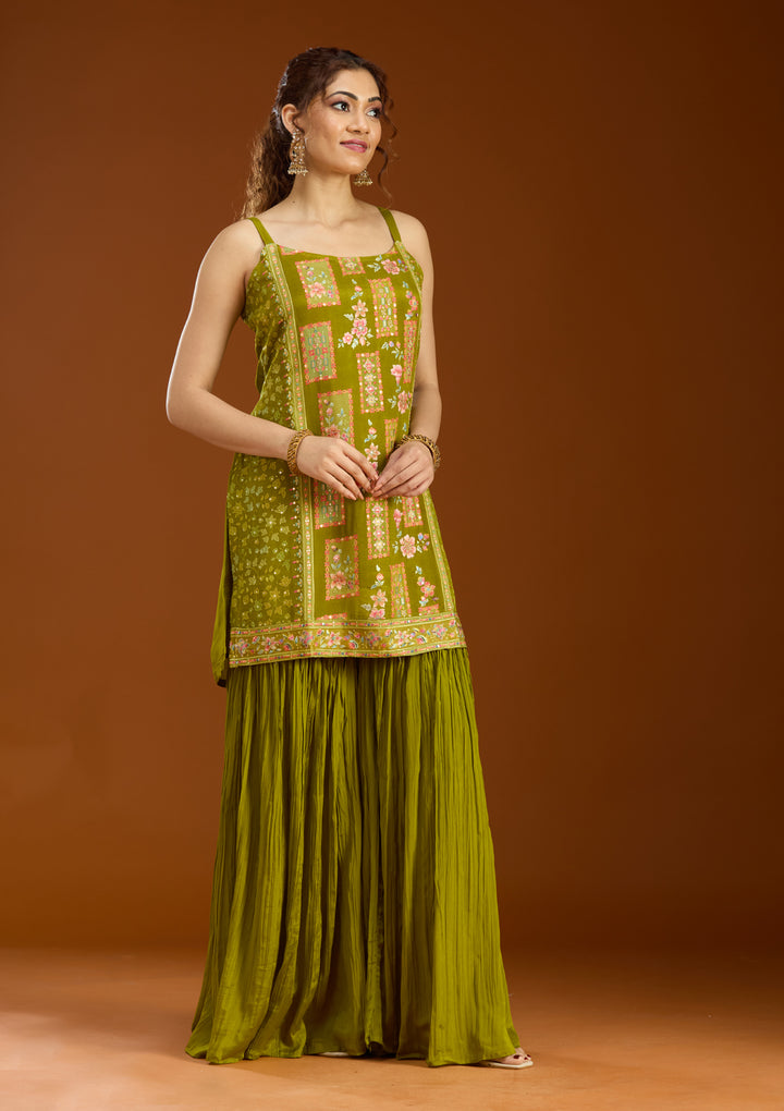 Mehandi Green Chinon Threadwork Straight Kurta With Sharara And Dupatta