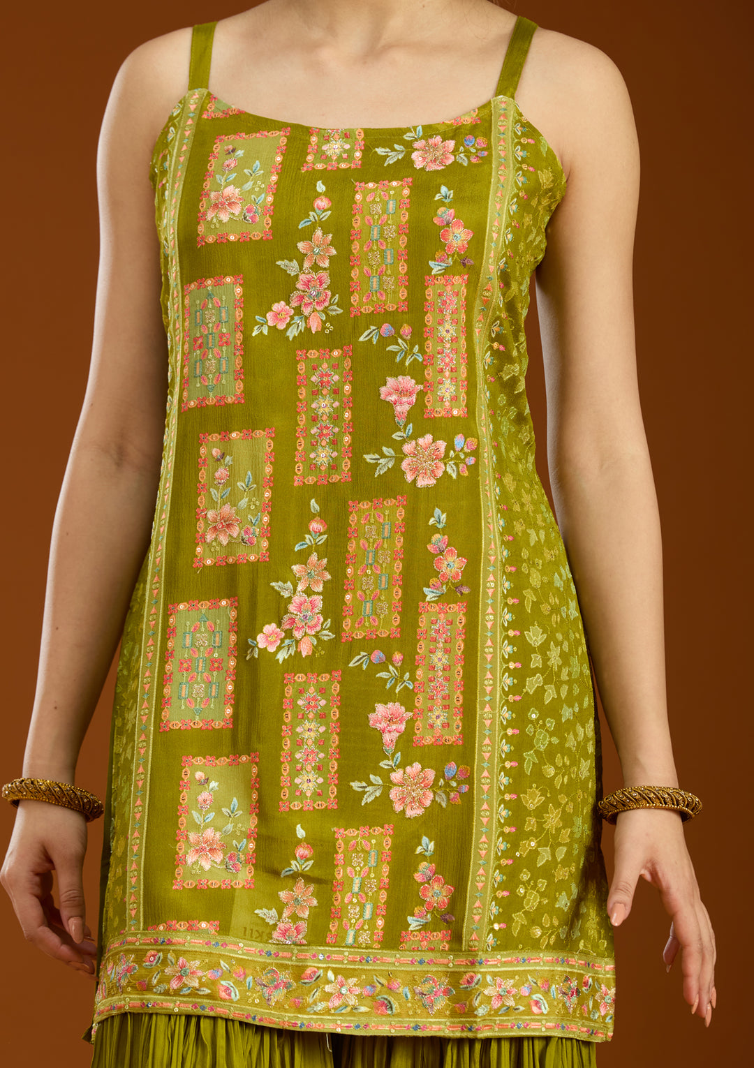 Mehandi Green Chinon Threadwork Straight Kurta With Sharara And Dupatta