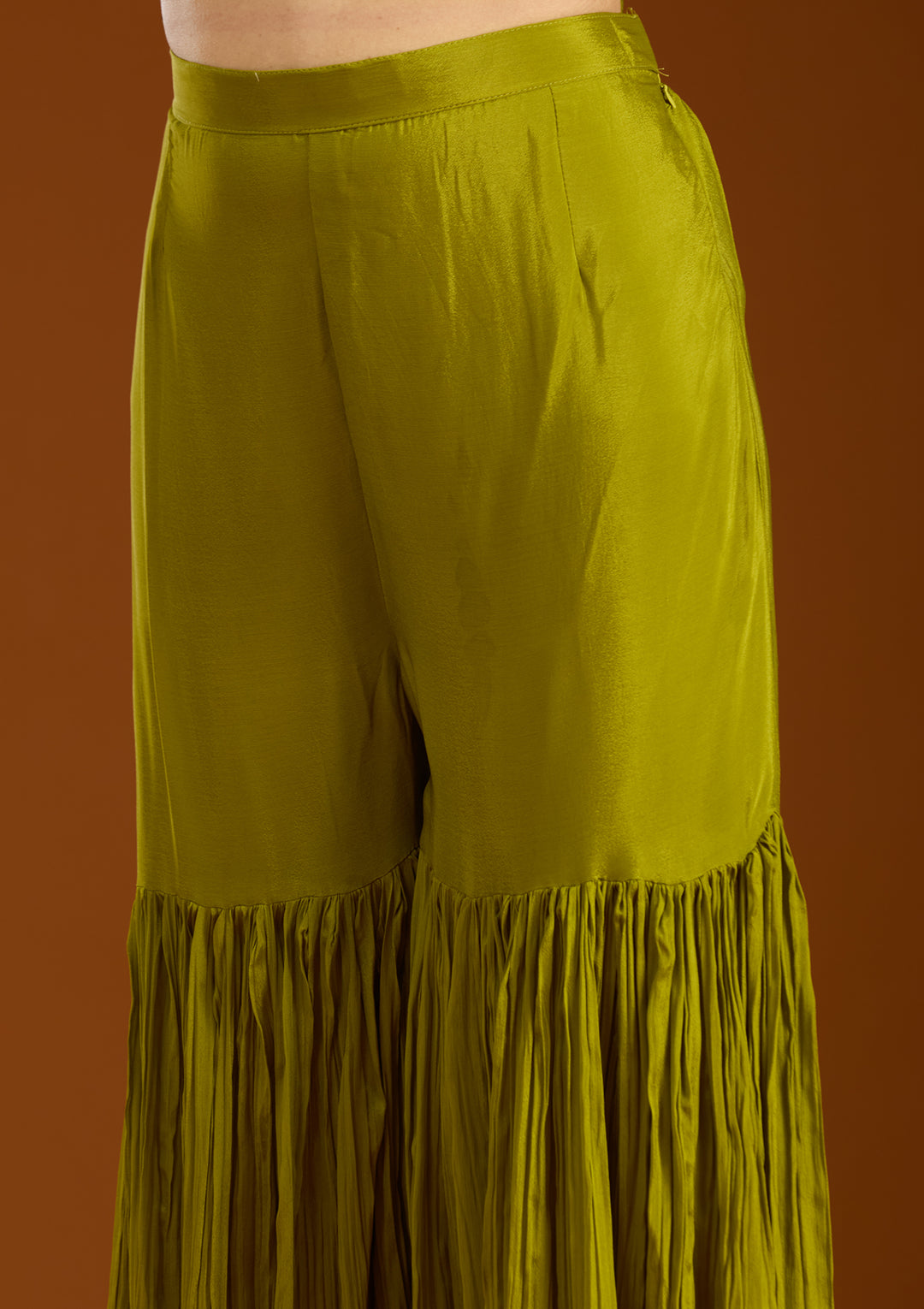 Mehandi Green Chinon Threadwork Straight Kurta With Sharara And Dupatta