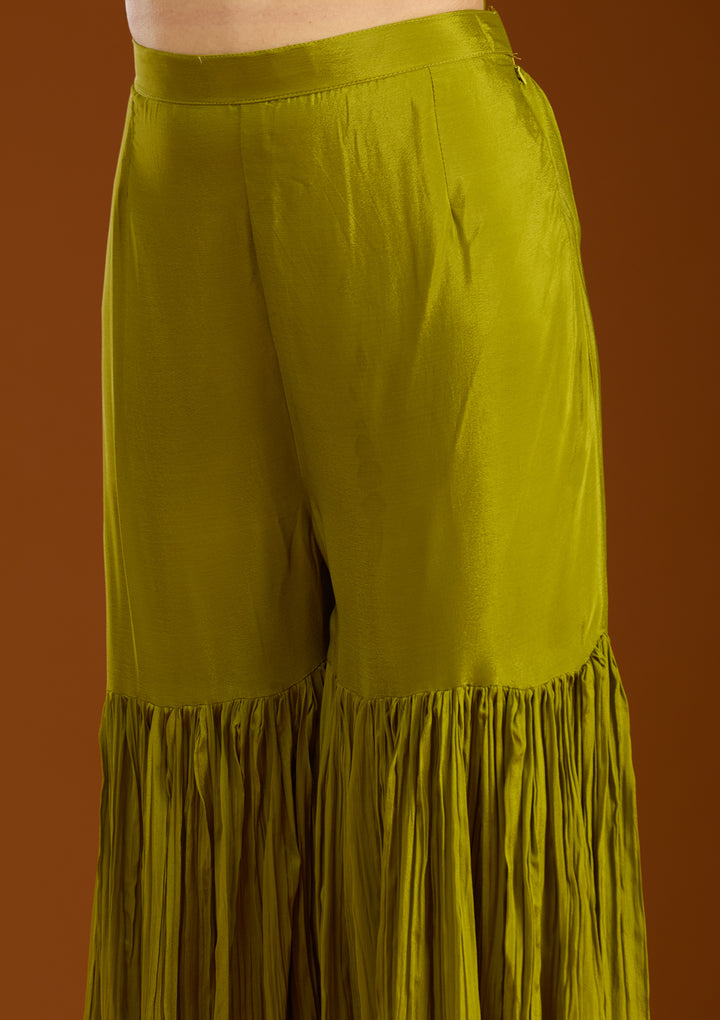 Mehandi Green Chinon Threadwork Straight Kurta With Sharara And Dupatta
