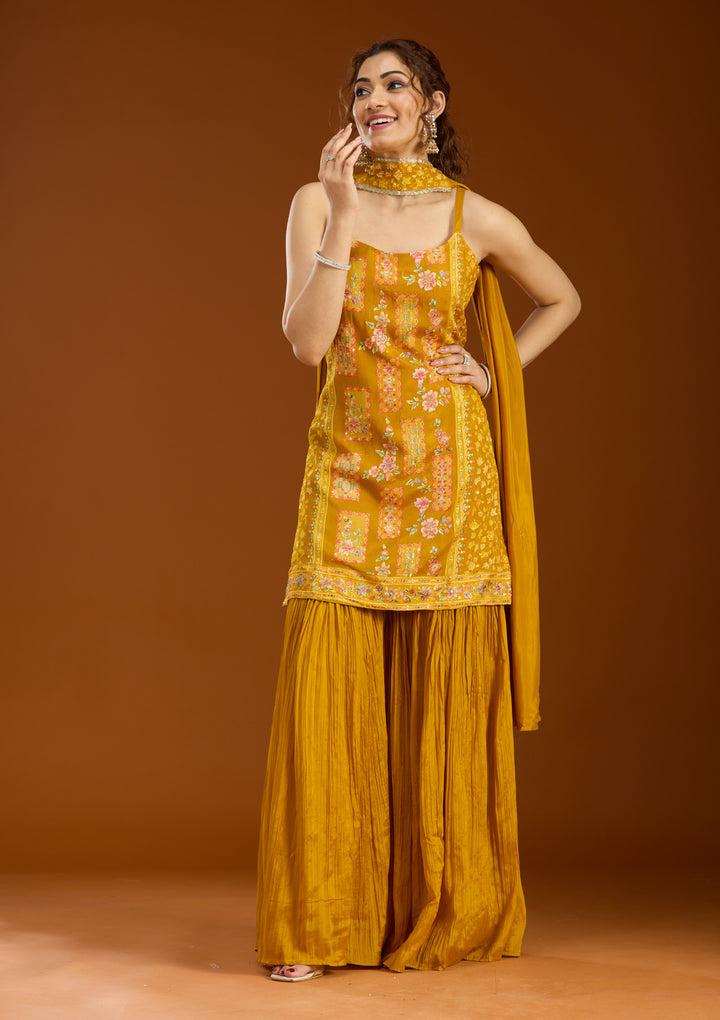 Mustard Chinon Threadwork Straight Kurta With Sharara And Dupatta