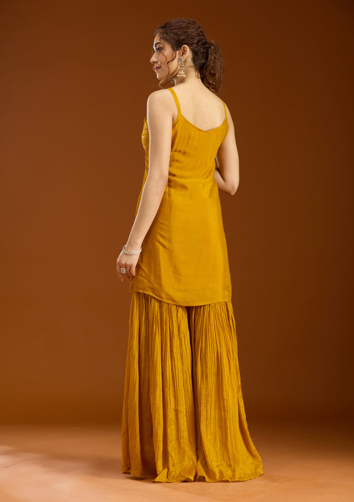 Mustard Chinon Threadwork Straight Kurta With Sharara And Dupatta