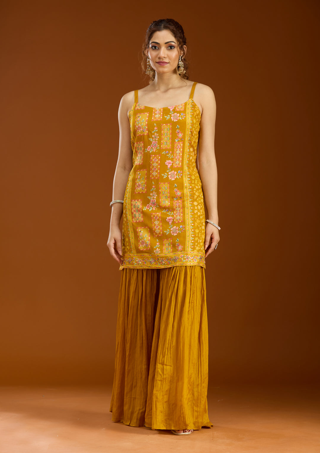 Mustard Chinon Threadwork Straight Kurta With Sharara And Dupatta