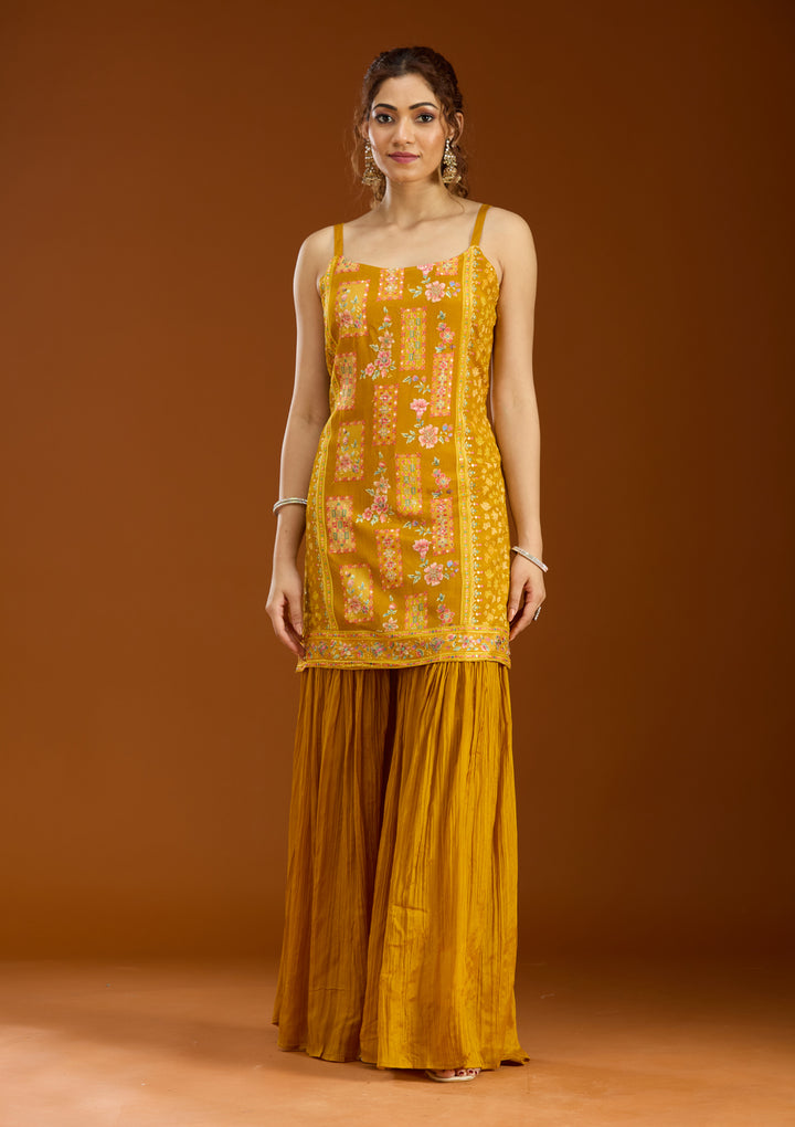 Mustard Chinon Threadwork Straight Kurta With Sharara And Dupatta