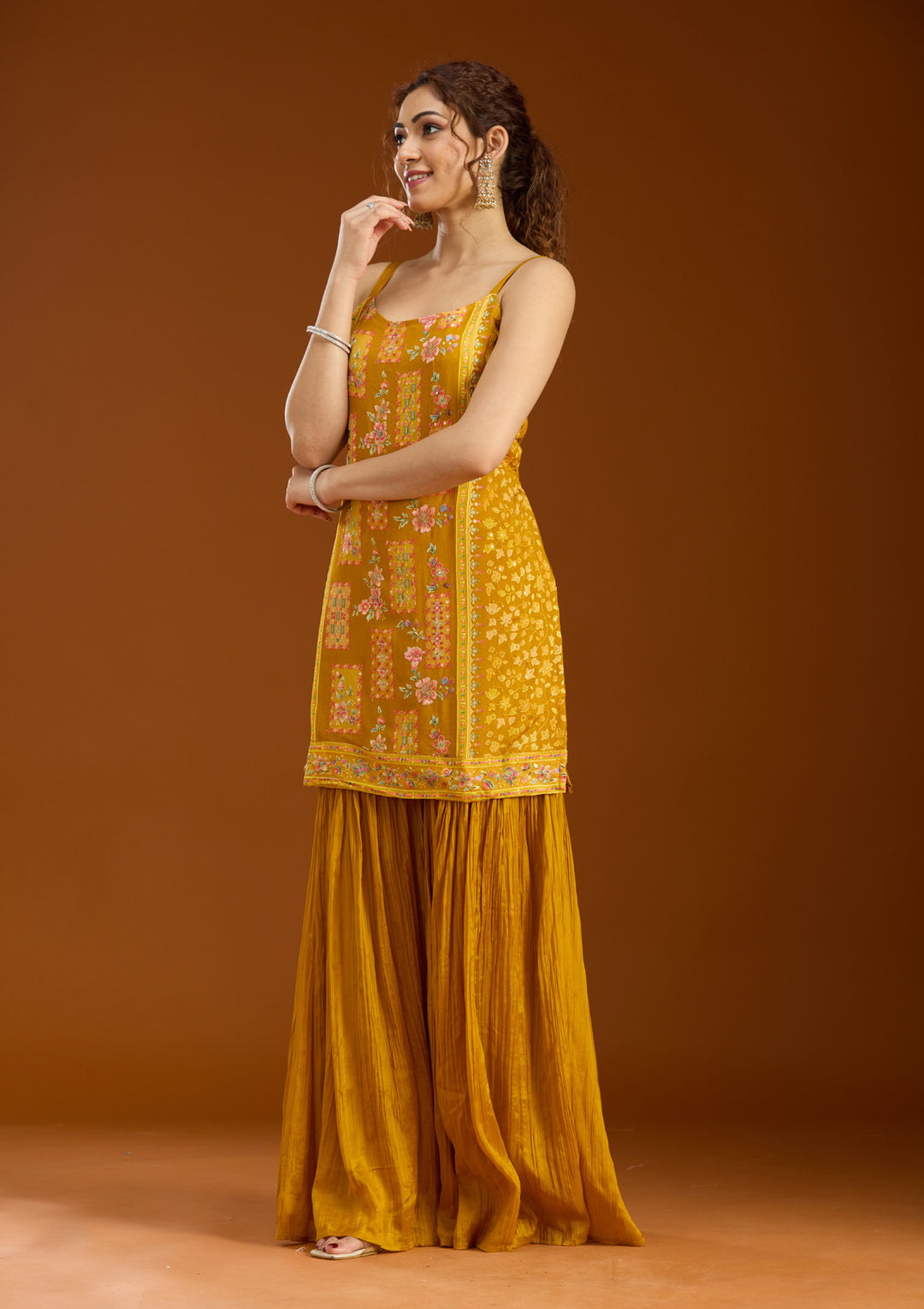 Mustard Chinon Threadwork Straight Kurta With Sharara And Dupatta