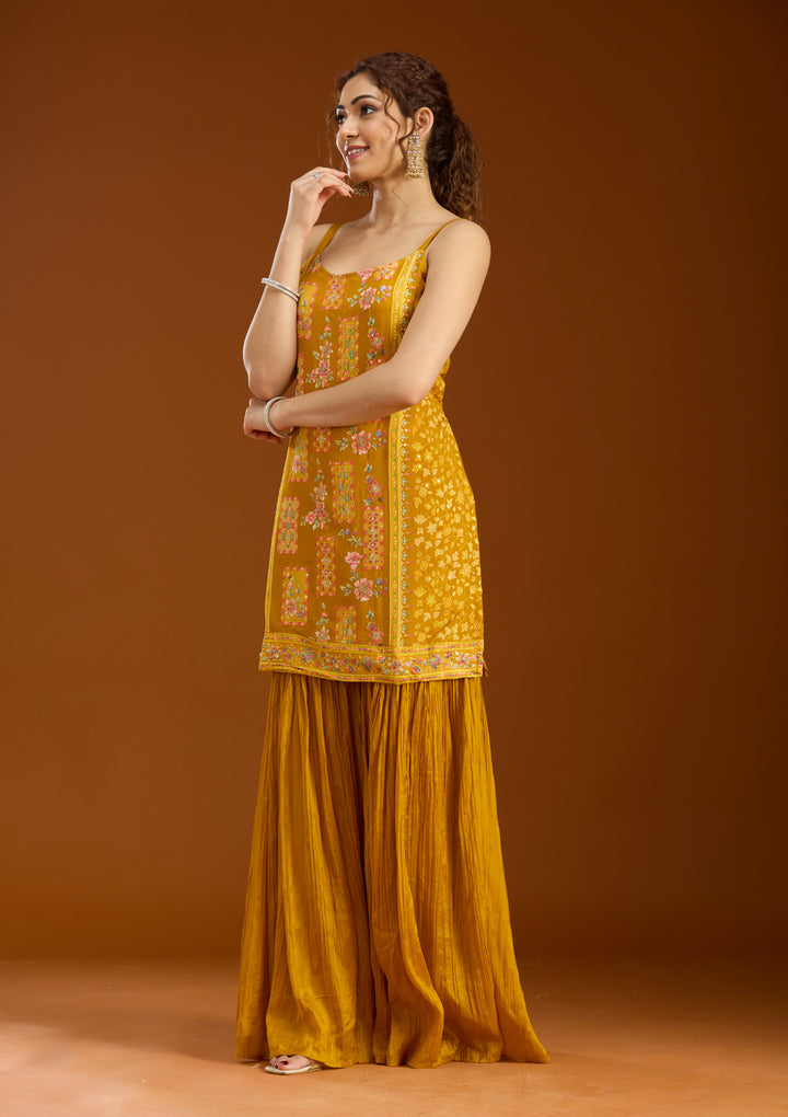 Mustard Chinon Threadwork Straight Kurta With Sharara And Dupatta