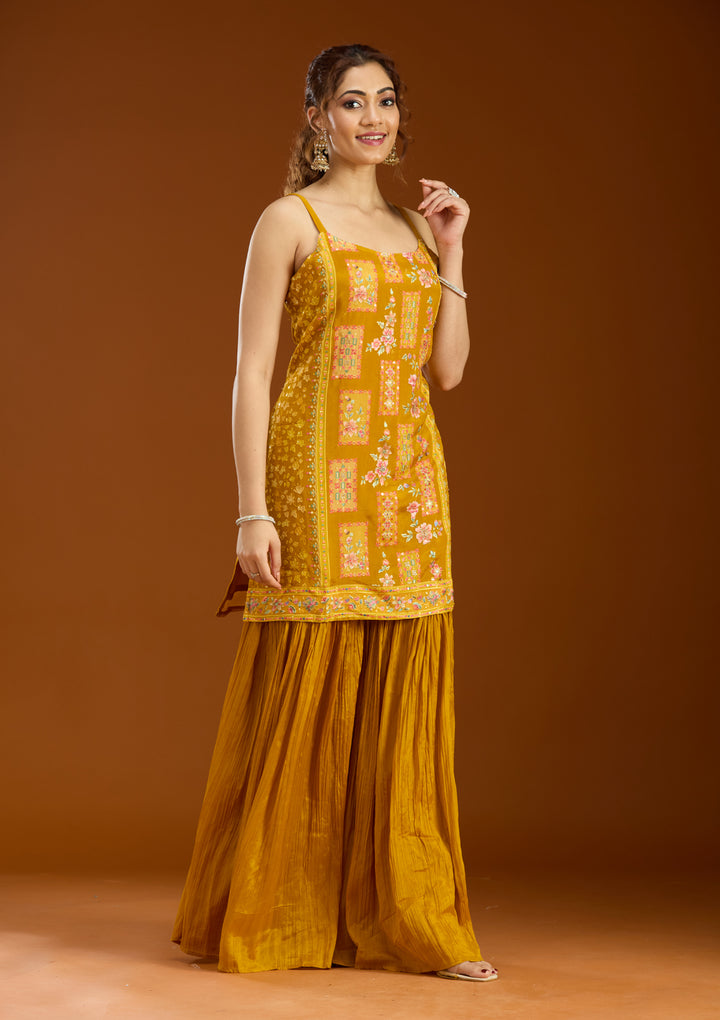 Mustard Chinon Threadwork Straight Kurta With Sharara And Dupatta