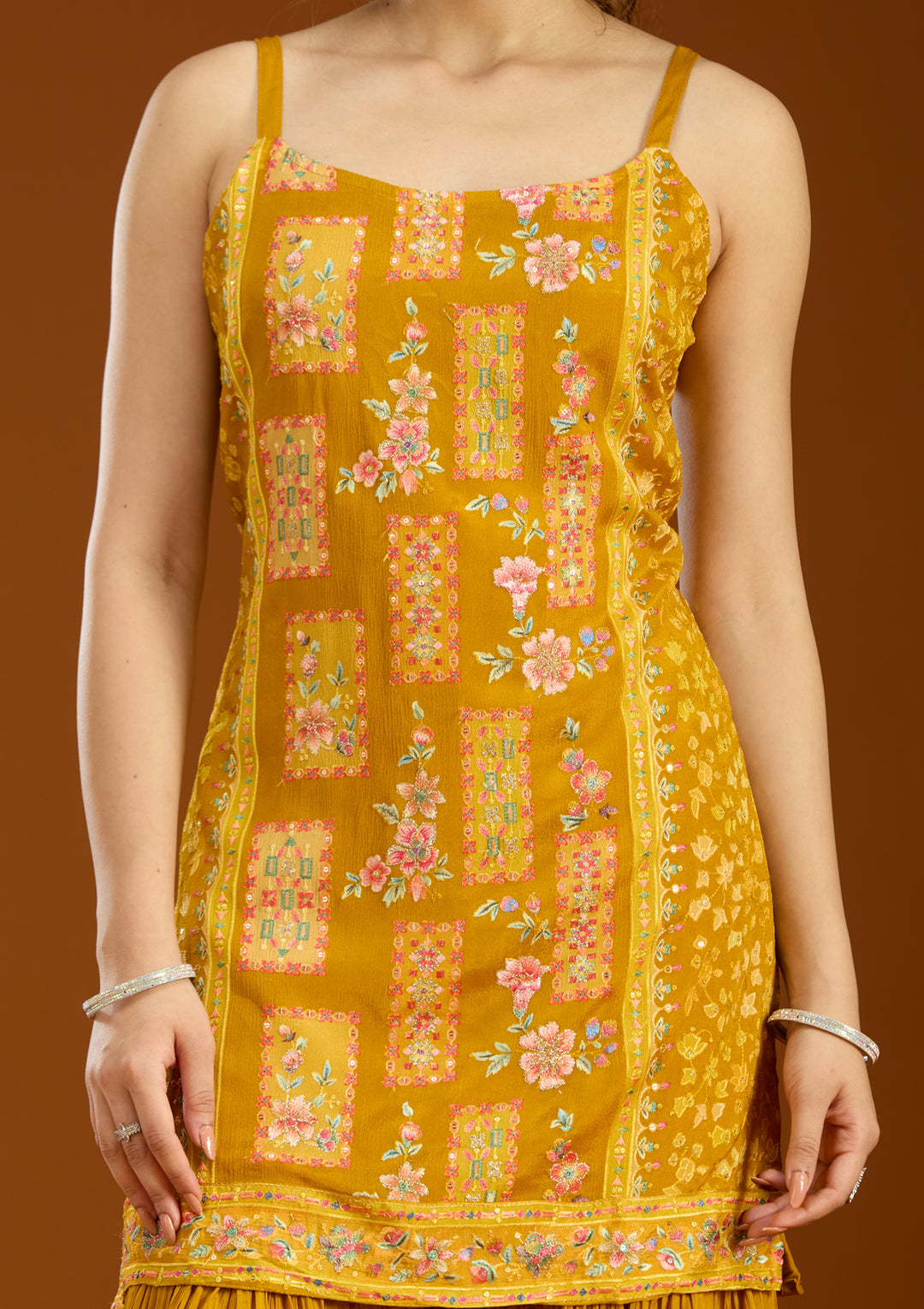 Mustard Chinon Threadwork Straight Kurta With Sharara And Dupatta