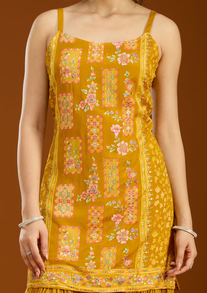 Mustard Chinon Threadwork Straight Kurta With Sharara And Dupatta