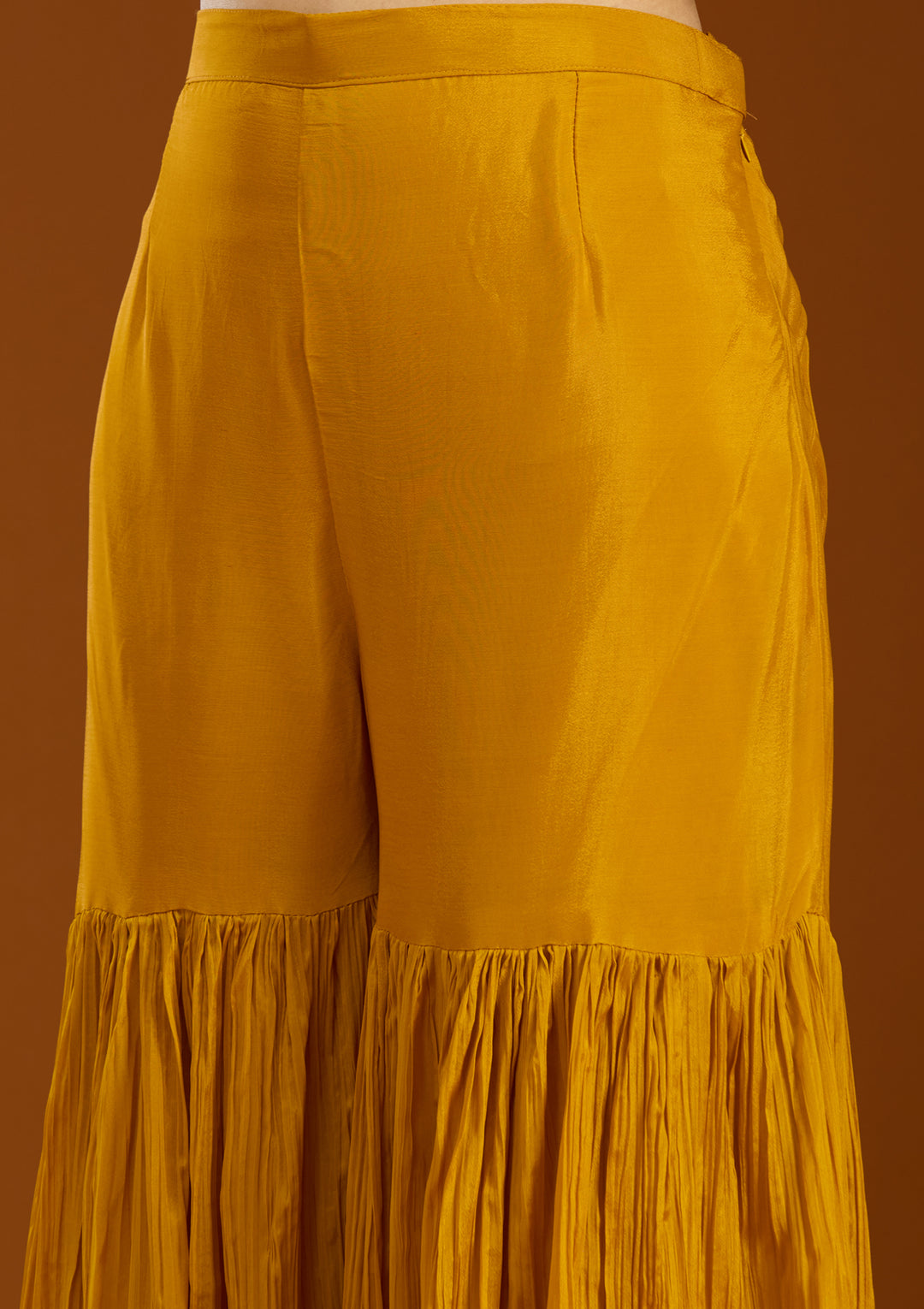 Mustard Chinon Threadwork Straight Kurta With Sharara And Dupatta