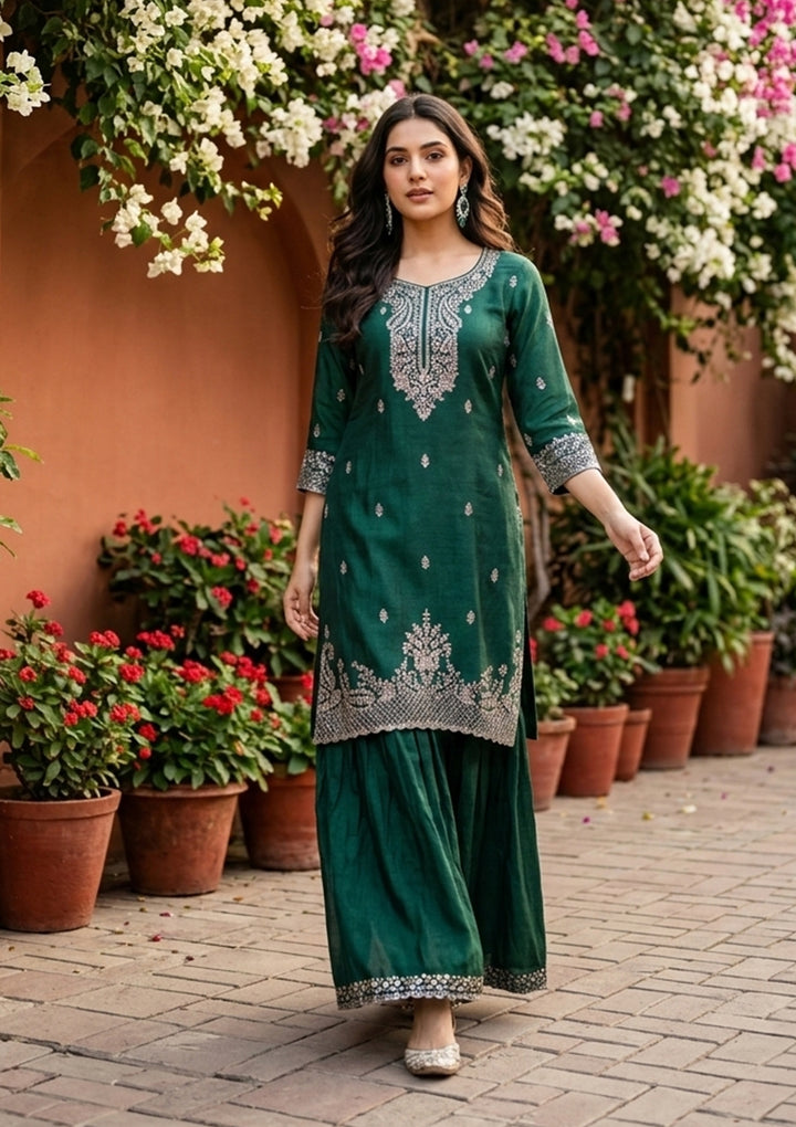 Bottle Green Soft Raw Silk Antique Zariwork Straight Kurta With Sharara And Dupatta