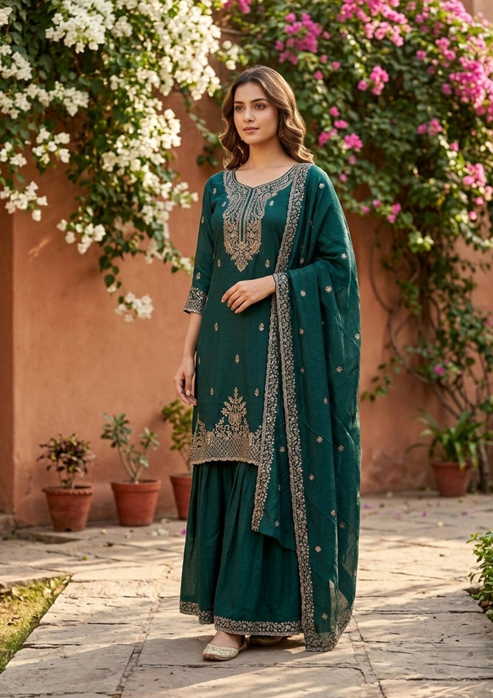 Bottle Green Soft Raw Silk Antique Zariwork Straight Kurta With Sharara And Dupatta