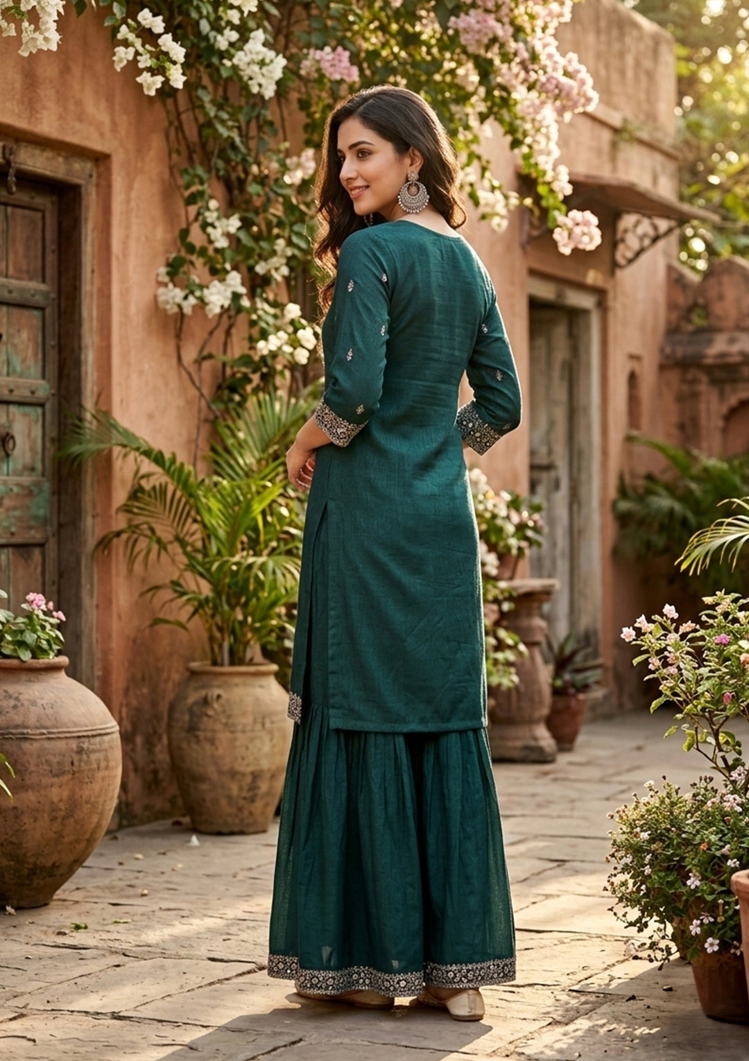 Bottle Green Soft Raw Silk Antique Zariwork Straight Kurta With Sharara And Dupatta
