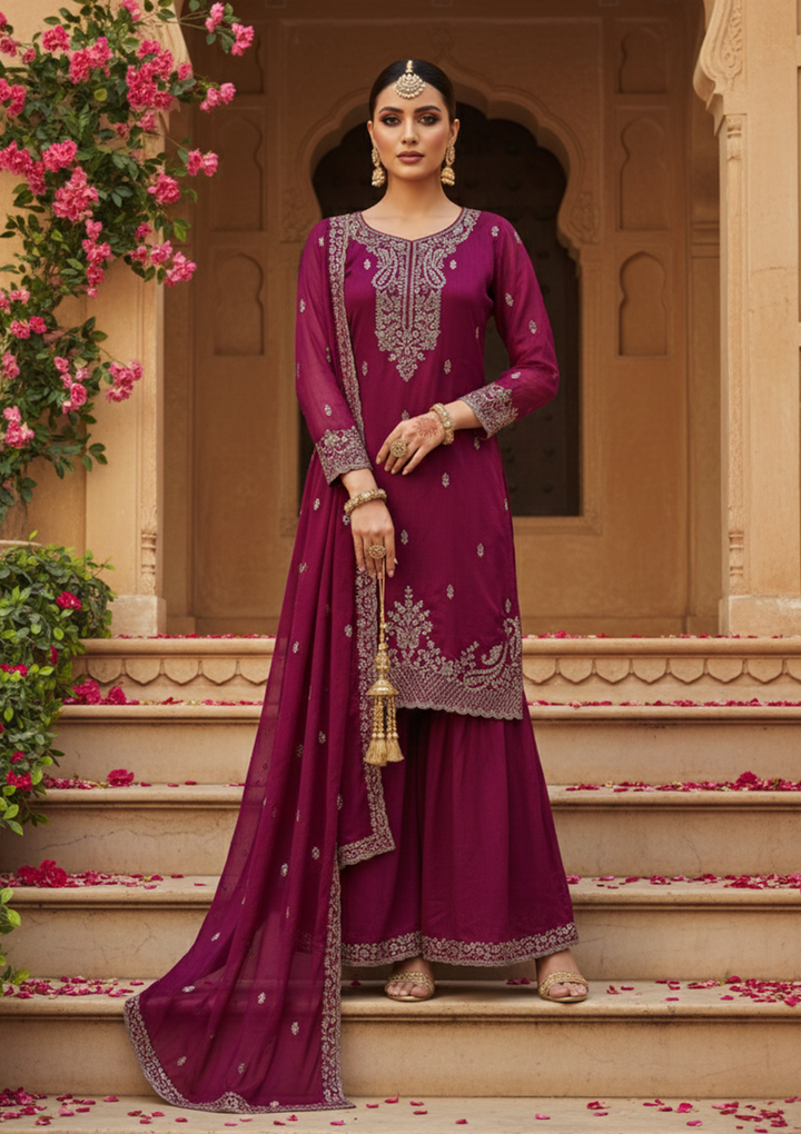Wine Soft Raw Silk Antique Zariwork Straight Kurta With Sharara And Dupatta