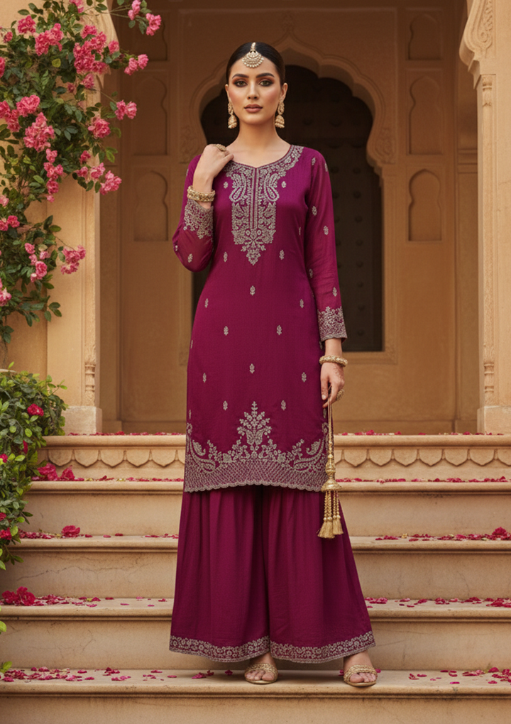 Wine Soft Raw Silk Antique Zariwork Straight Kurta With Sharara And Dupatta