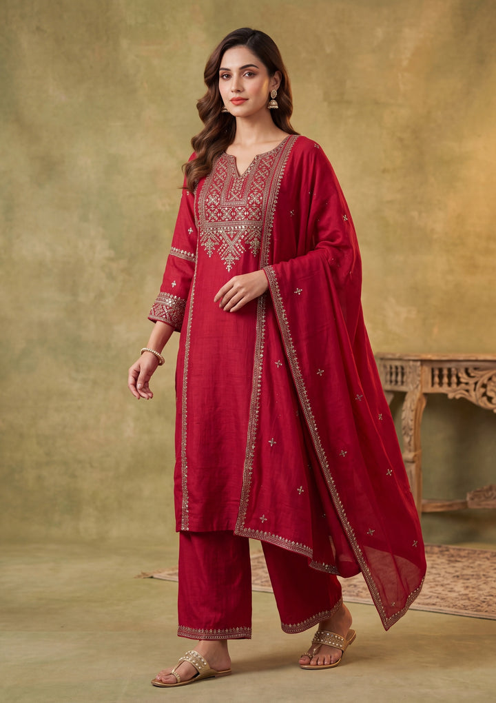Rani Pink Soft Raw Silk Antique Zariwork A Line Kurta With Pant Regular And Dupatta