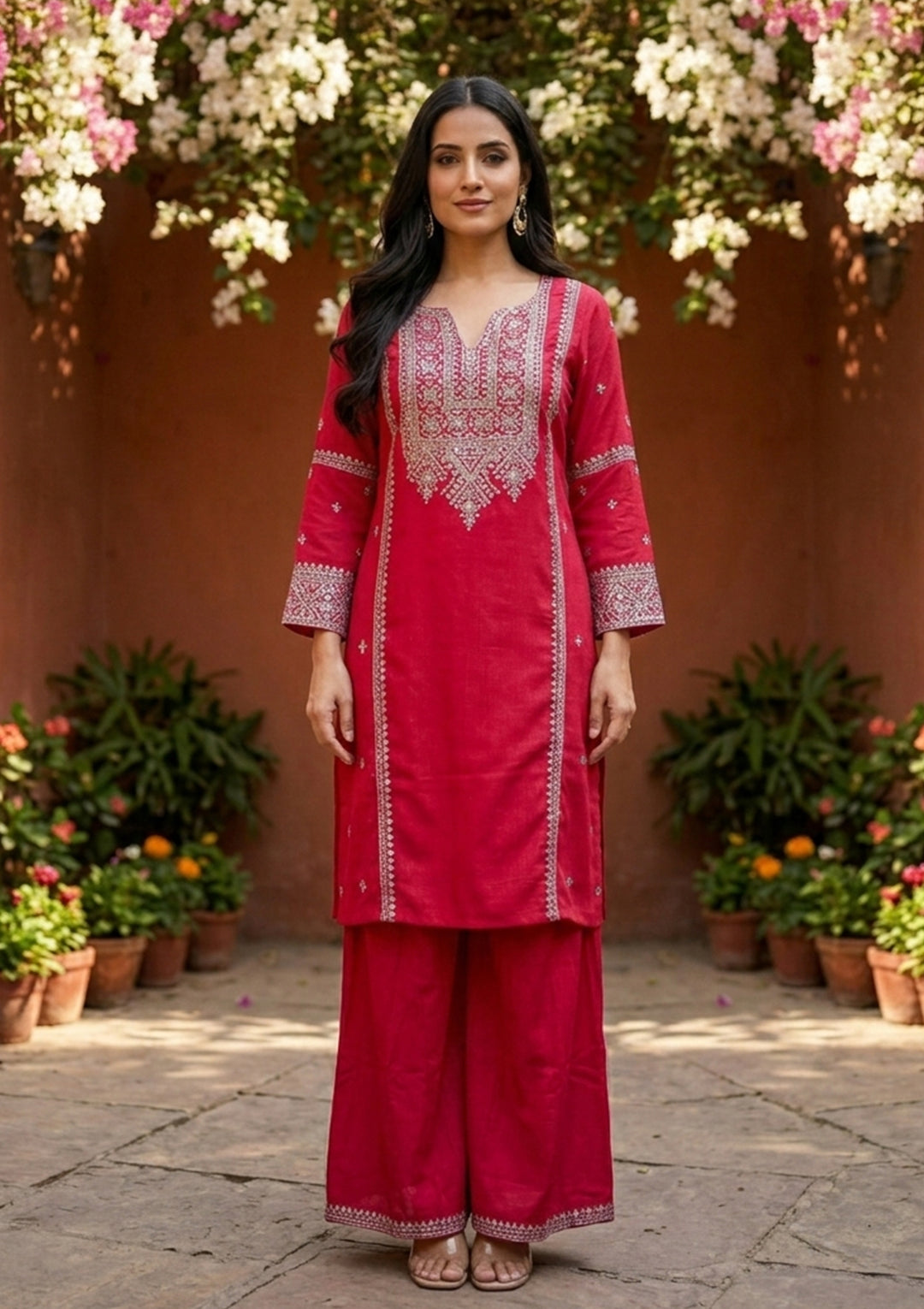 Rani Pink Soft Raw Silk Antique Zariwork A Line Kurta With Pant Regular And Dupatta