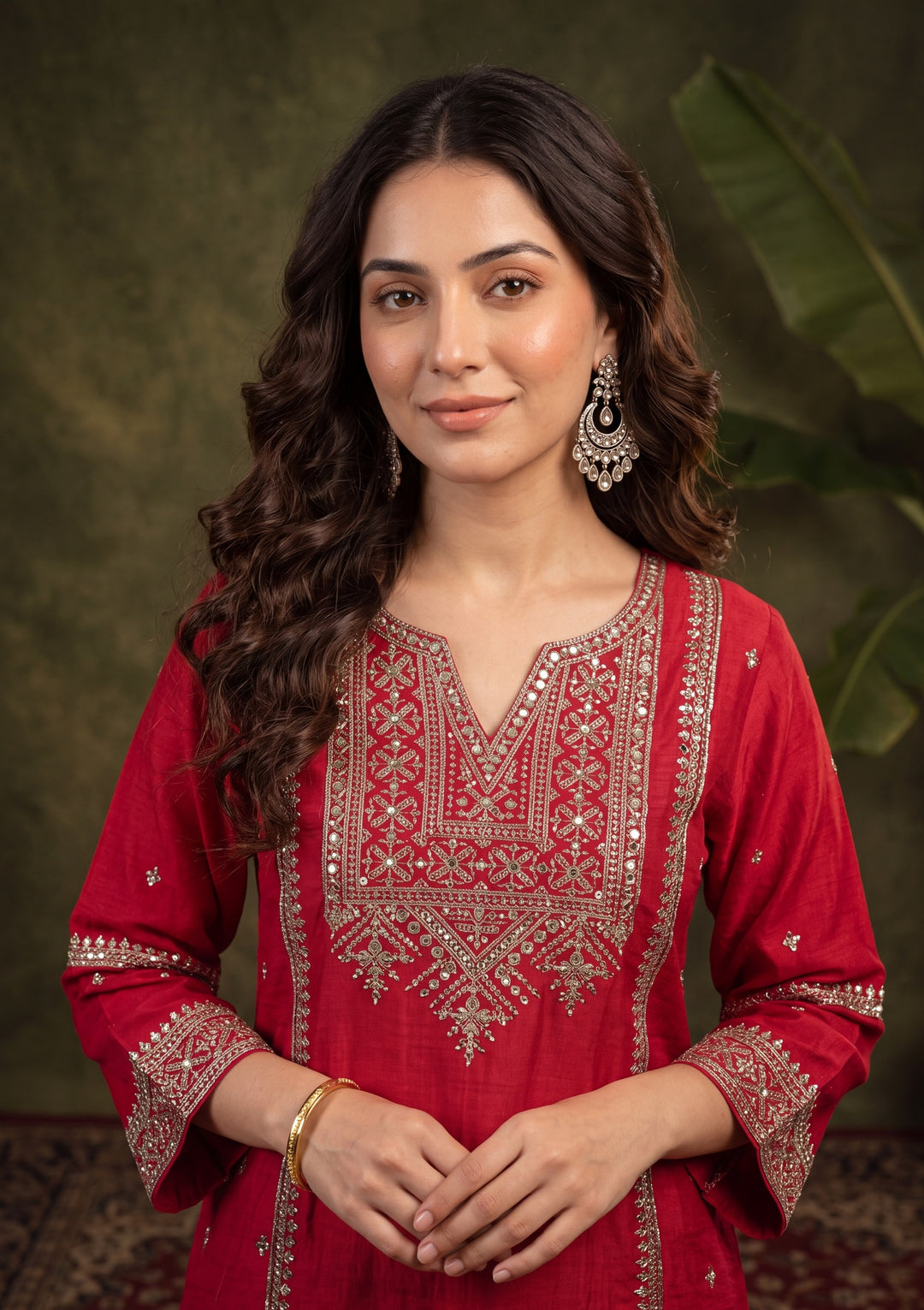Rani Pink Soft Raw Silk Antique Zariwork A Line Kurta With Pant Regular And Dupatta