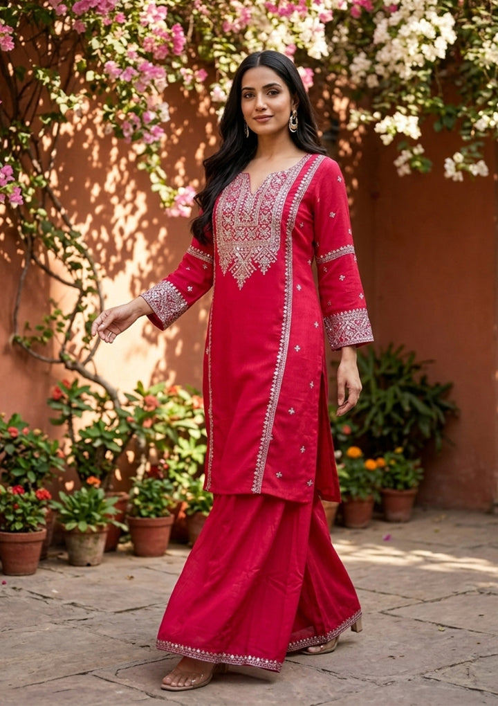 Rani Pink Soft Raw Silk Antique Zariwork A Line Kurta With Pant Regular And Dupatta