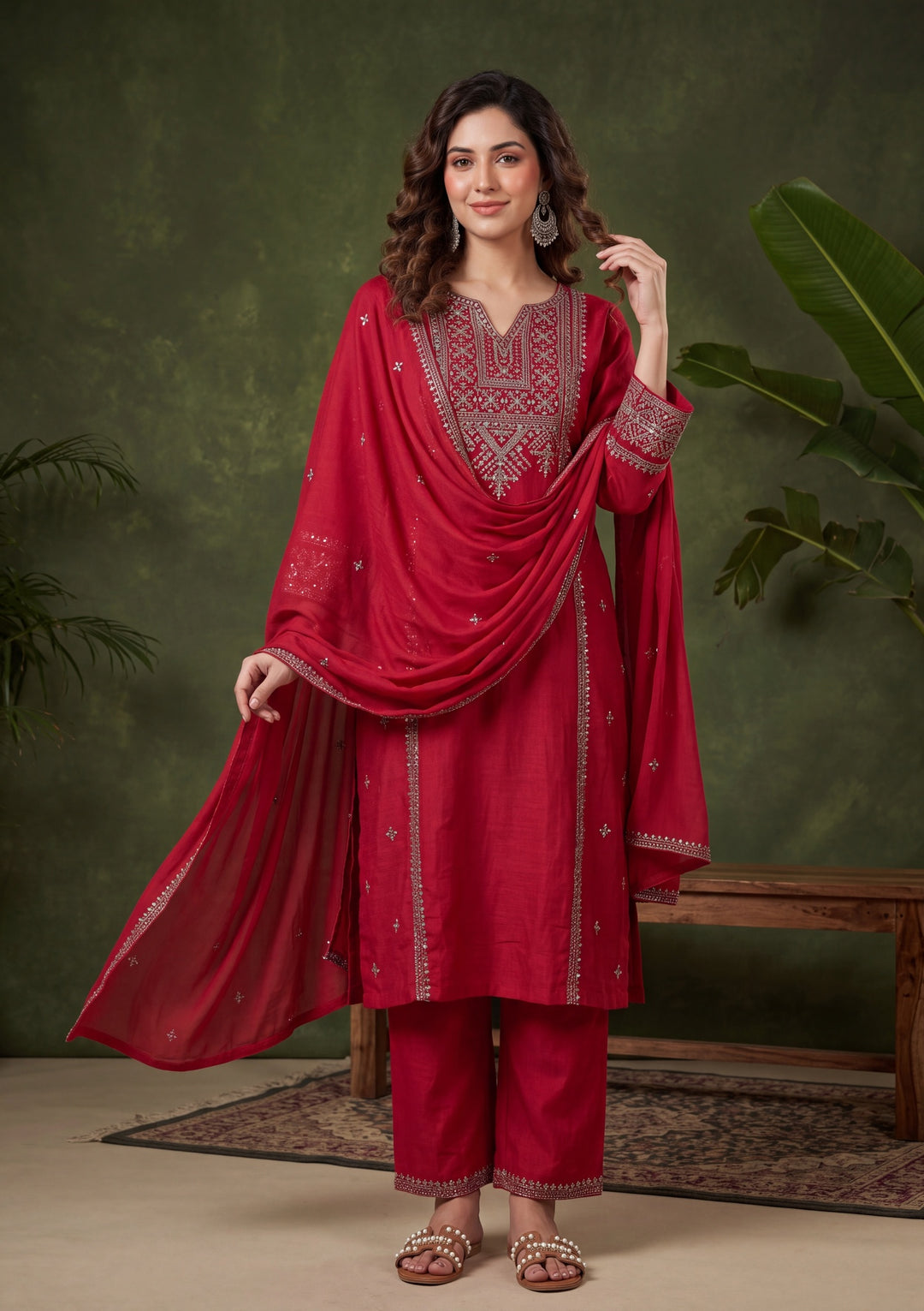 Rani Pink Soft Raw Silk Antique Zariwork A Line Kurta With Pant Regular And Dupatta