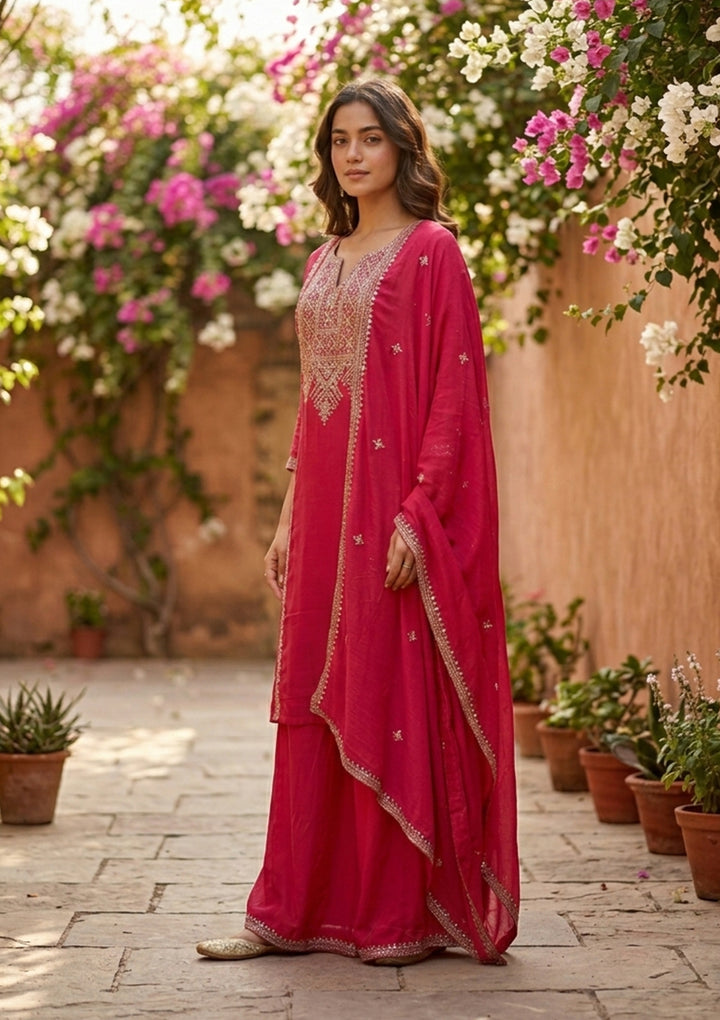 Rani Pink Soft Raw Silk Antique Zariwork A Line Kurta With Pant Regular And Dupatta