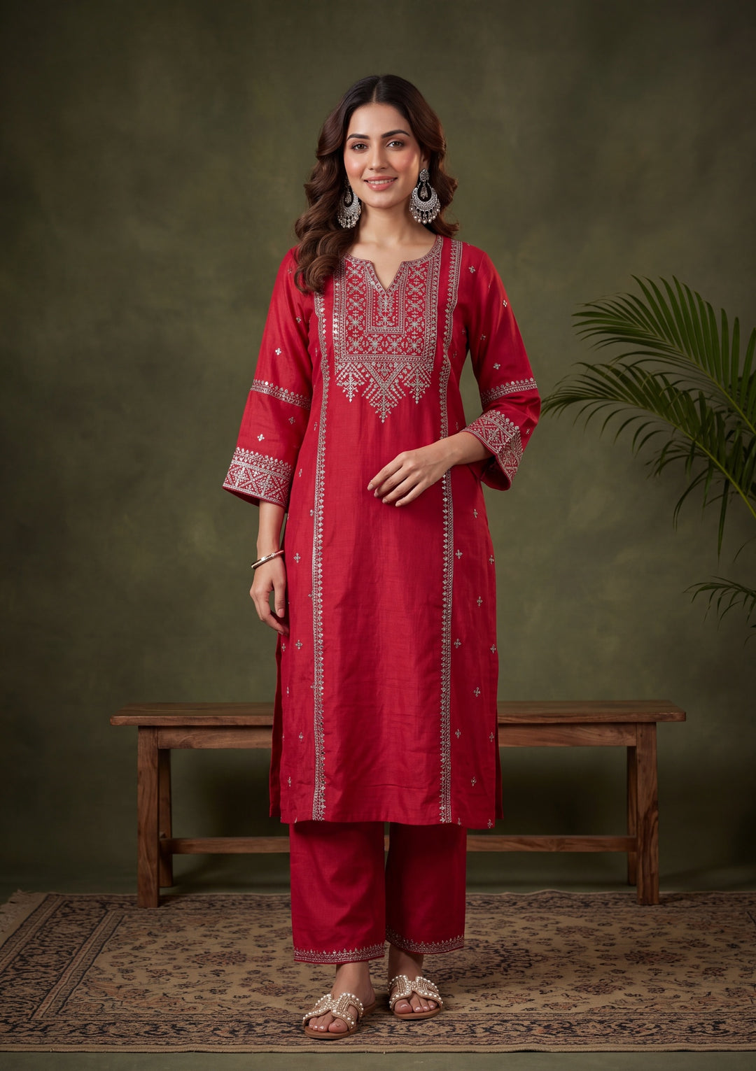 Rani Pink Soft Raw Silk Antique Zariwork A Line Kurta With Pant Regular And Dupatta