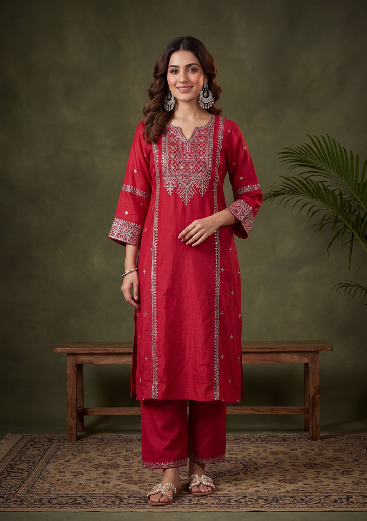 Rani Pink Soft Raw Silk Antique Zariwork A Line Kurta With Pant Regular And Dupatta