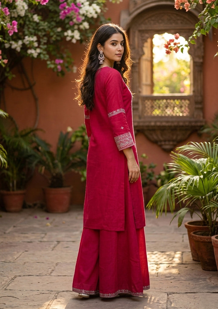 Rani Pink Soft Raw Silk Antique Zariwork A Line Kurta With Pant Regular And Dupatta