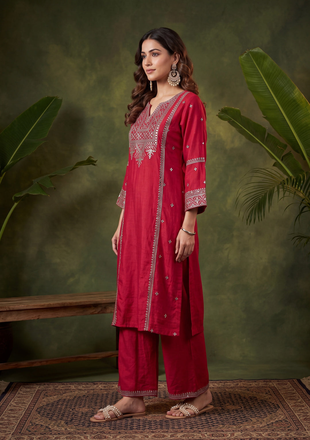 Rani Pink Soft Raw Silk Antique Zariwork A Line Kurta With Pant Regular And Dupatta