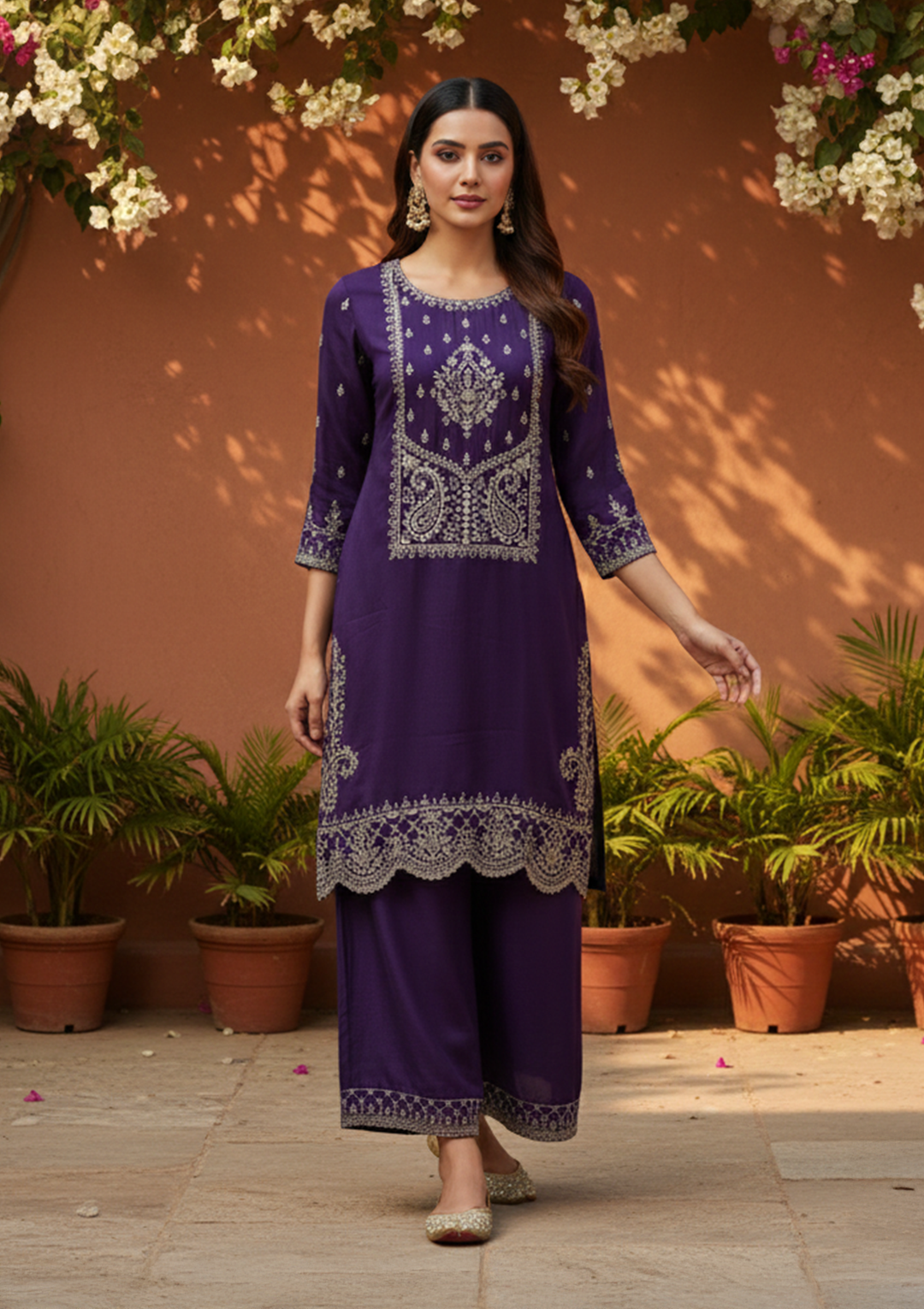 Purple Soft Raw Silk Antique Zariwork Straight Kurta With Sharara And Dupatta