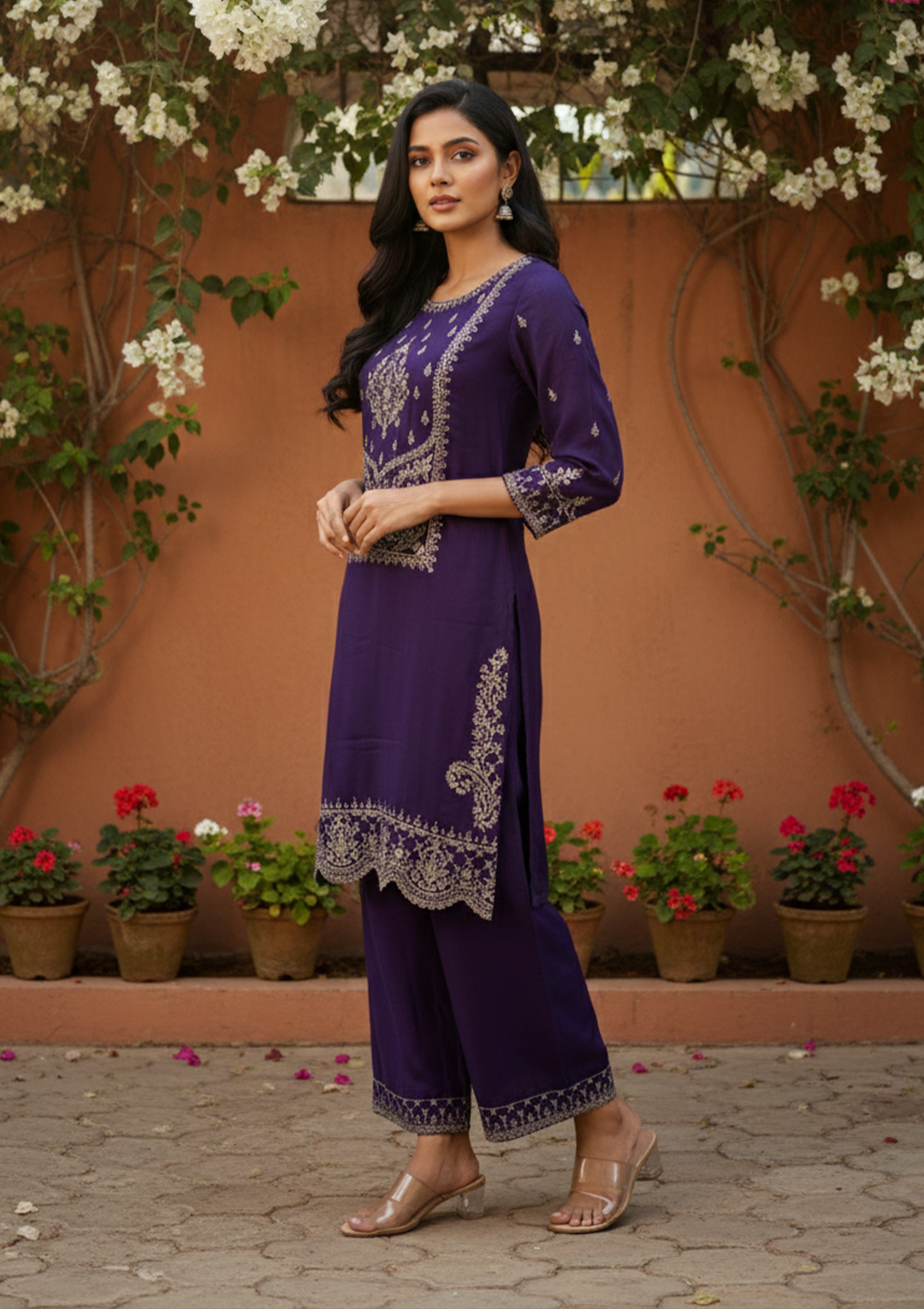 Purple Soft Raw Silk Antique Zariwork Straight Kurta With Sharara And Dupatta