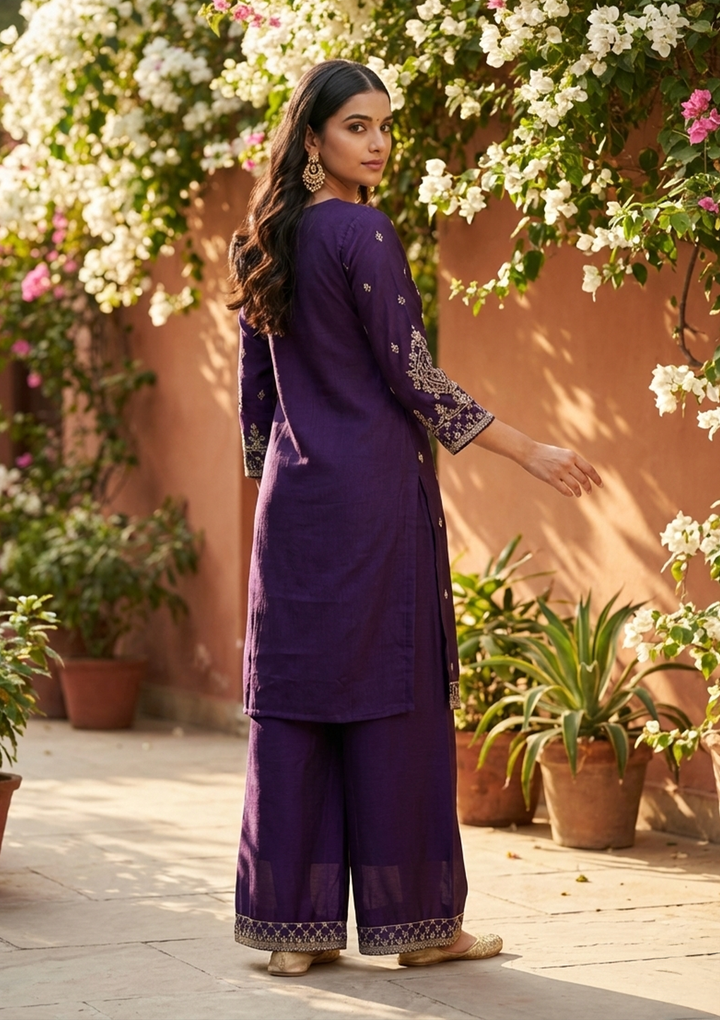 Purple Soft Raw Silk Antique Zariwork Straight Kurta With Sharara And Dupatta