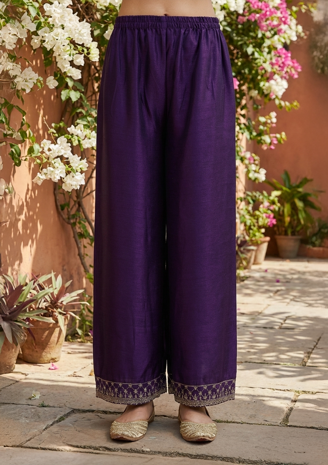 Purple Soft Raw Silk Antique Zariwork Straight Kurta With Sharara And Dupatta