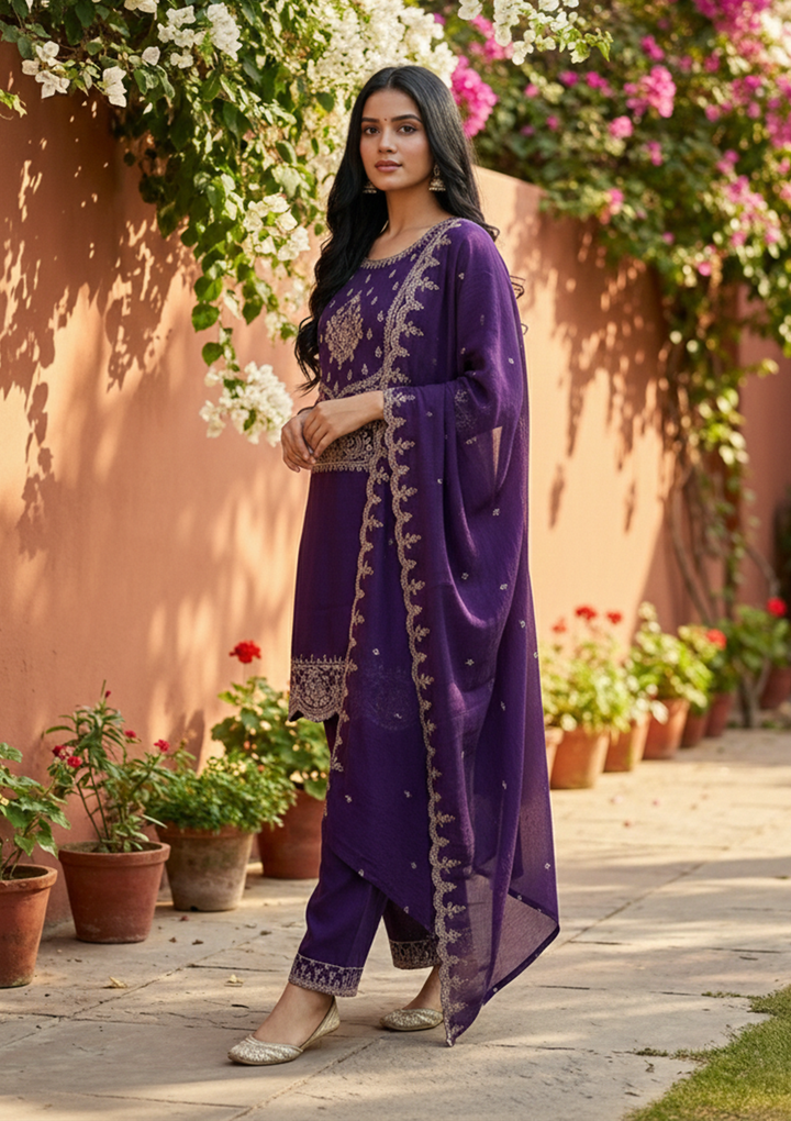 Purple Soft Raw Silk Antique Zariwork Straight Kurta With Sharara And Dupatta