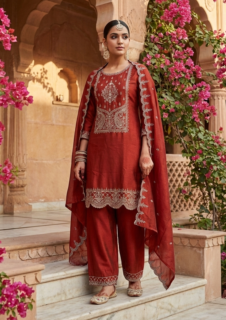 Rust Soft Raw Silk Antique Zariwork Straight Kurta With Sharara And Dupatta