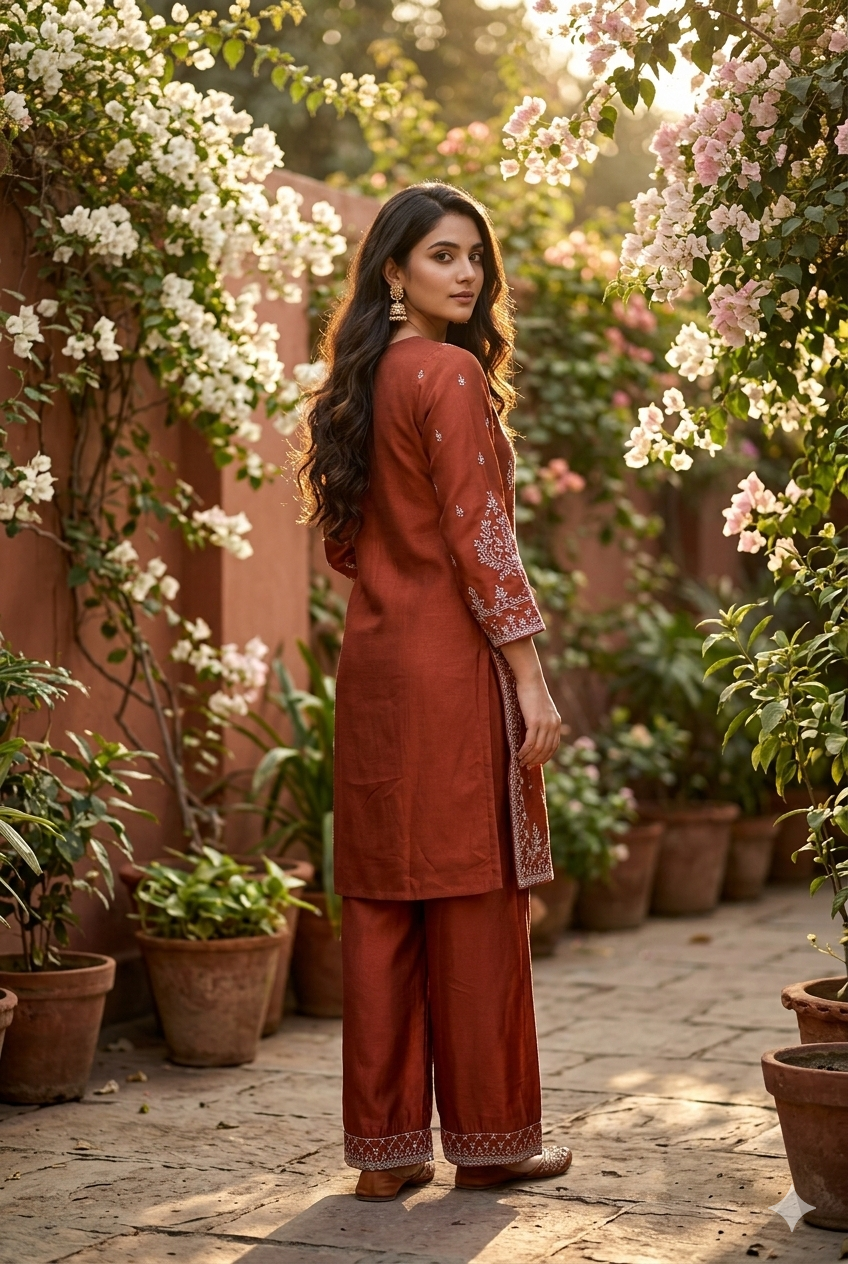Rust Soft Raw Silk Antique Zariwork Straight Kurta With Sharara And Dupatta