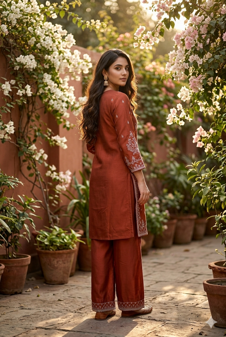 Rust Soft Raw Silk Antique Zariwork Straight Kurta With Sharara And Dupatta