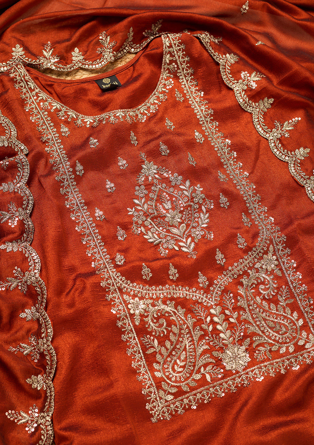Rust Soft Raw Silk Antique Zariwork Straight Kurta With Sharara And Dupatta