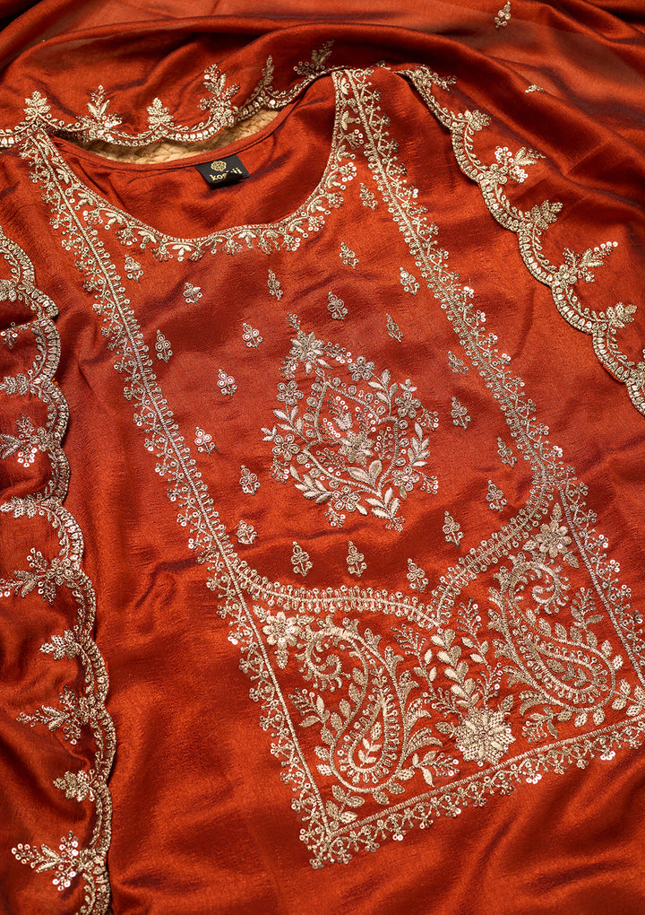 Rust Soft Raw Silk Antique Zariwork Straight Kurta With Sharara And Dupatta