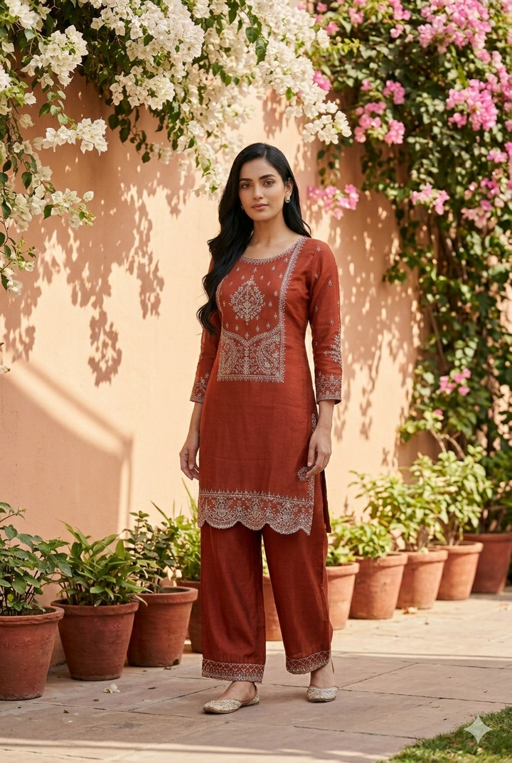 Rust Soft Raw Silk Antique Zariwork Straight Kurta With Sharara And Dupatta