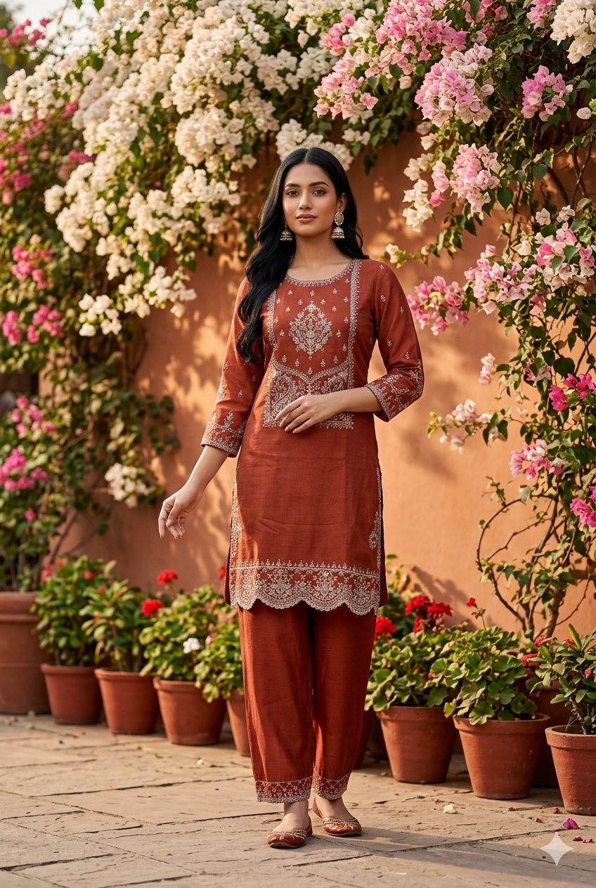 Rust Soft Raw Silk Antique Zariwork Straight Kurta With Sharara And Dupatta