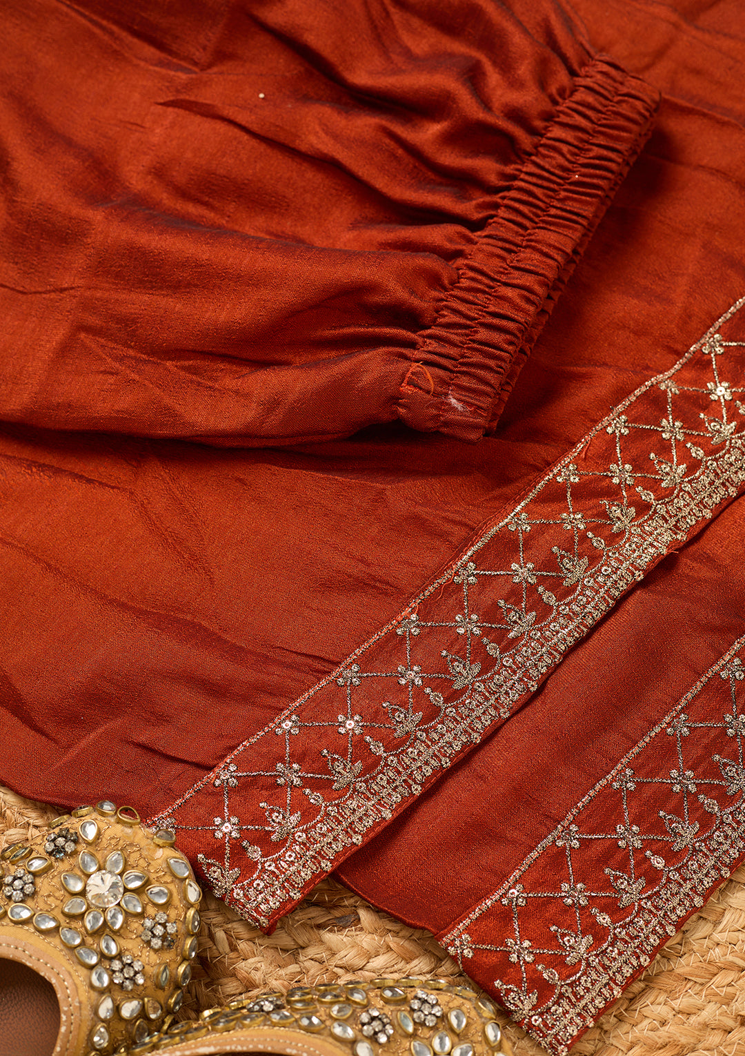 Rust Soft Raw Silk Antique Zariwork Straight Kurta With Sharara And Dupatta
