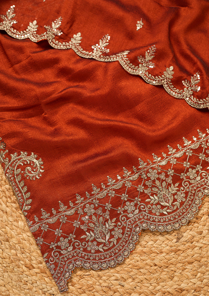 Rust Soft Raw Silk Antique Zariwork Straight Kurta With Sharara And Dupatta