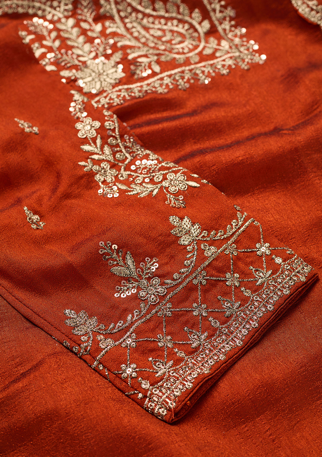 Rust Soft Raw Silk Antique Zariwork Straight Kurta With Sharara And Dupatta