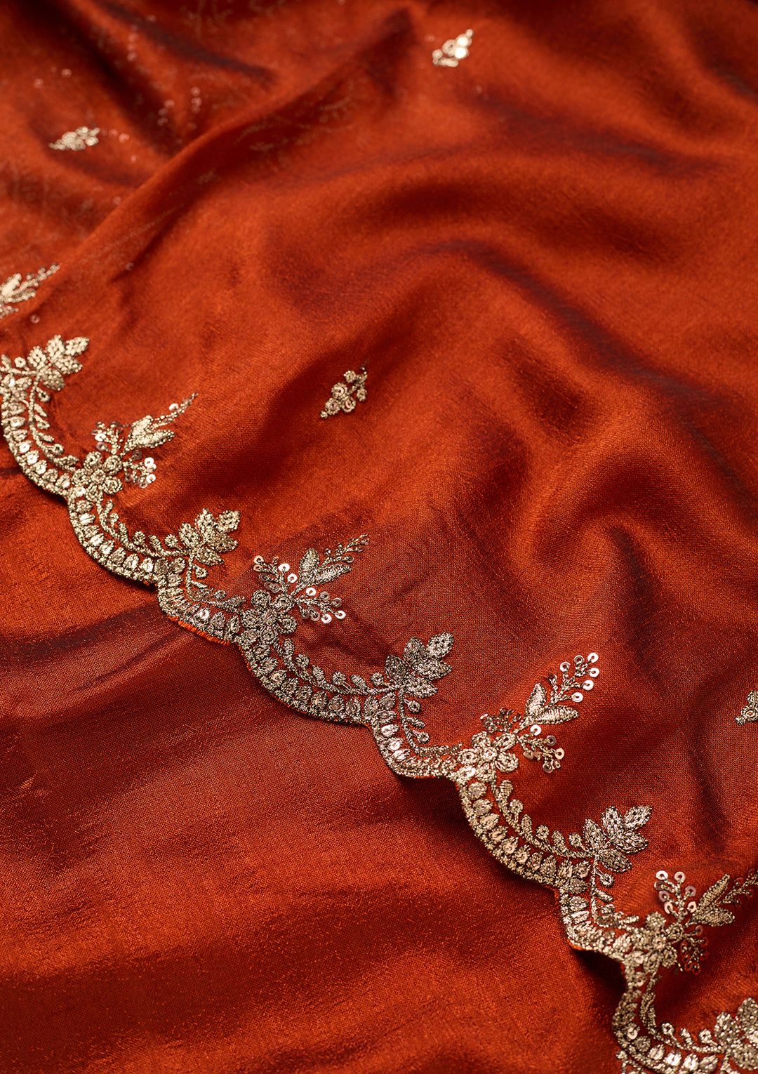 Rust Soft Raw Silk Antique Zariwork Straight Kurta With Sharara And Dupatta