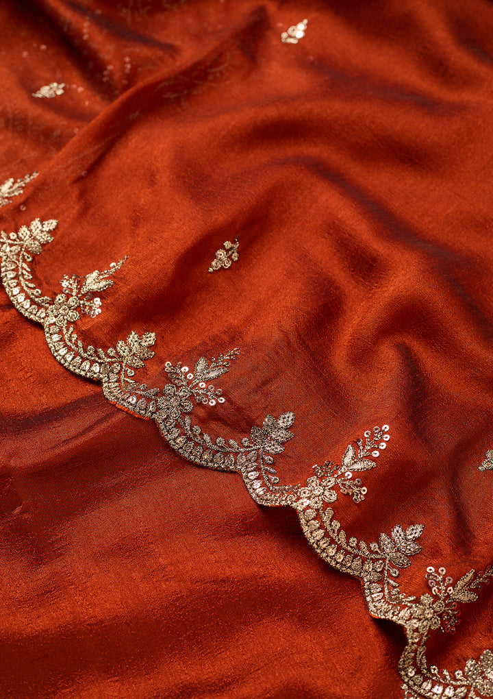 Rust Soft Raw Silk Antique Zariwork Straight Kurta With Sharara And Dupatta