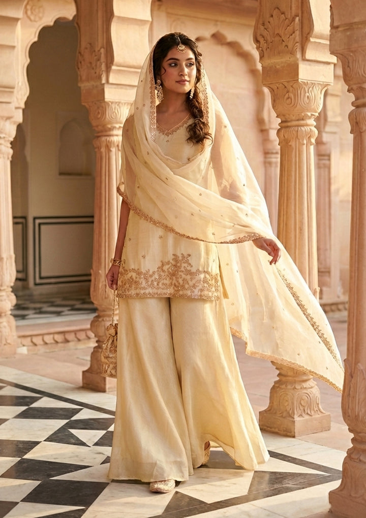 Cream Tissue Cutdana Straight Kurta With Sharara And Dupatta