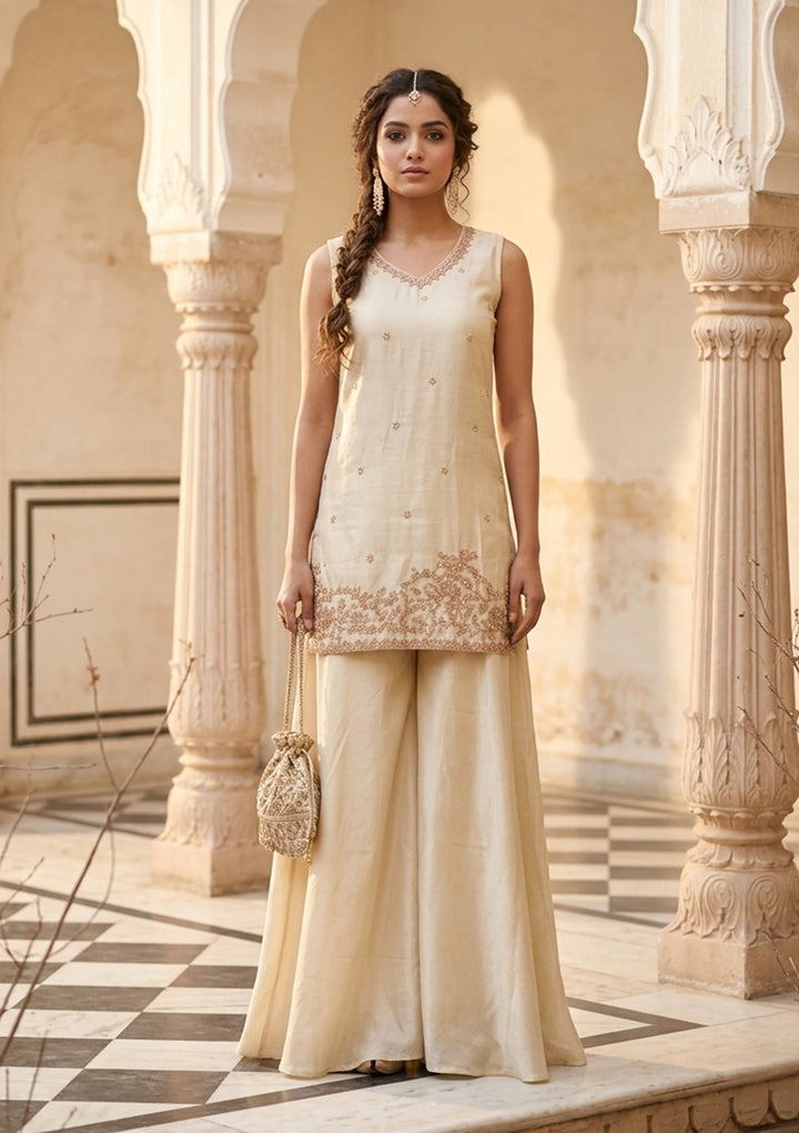 Cream Tissue Cutdana Straight Kurta With Sharara And Dupatta