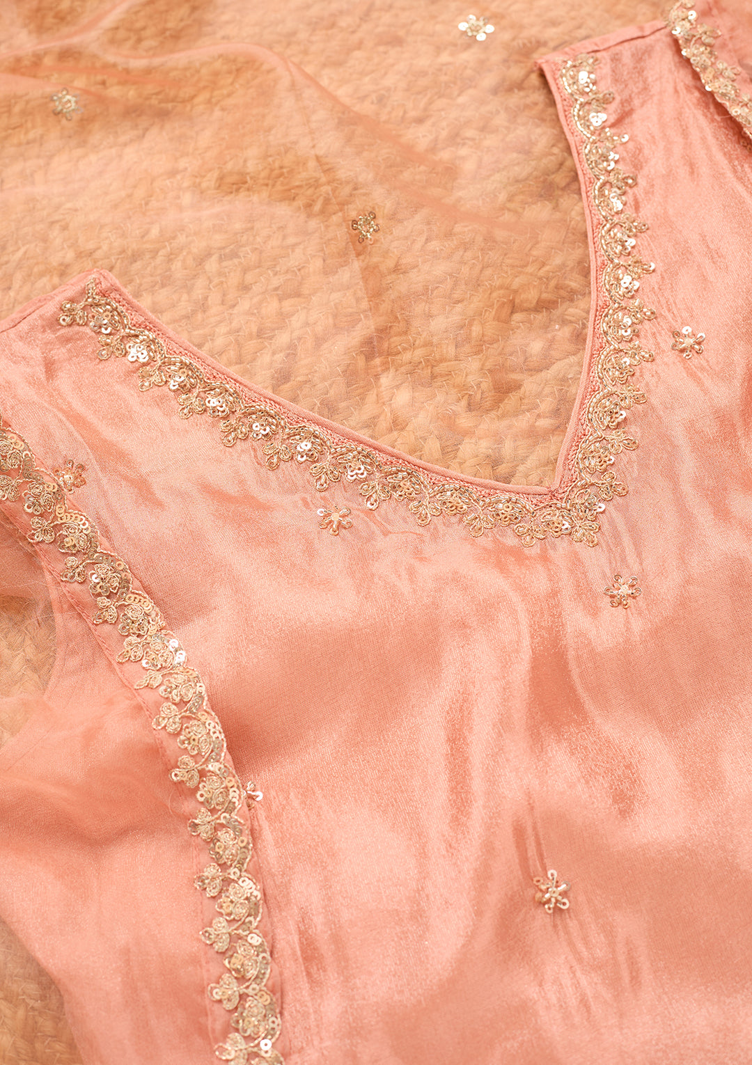 Peach Tissue Cutdana Straight Kurta With Sharara And Dupatta