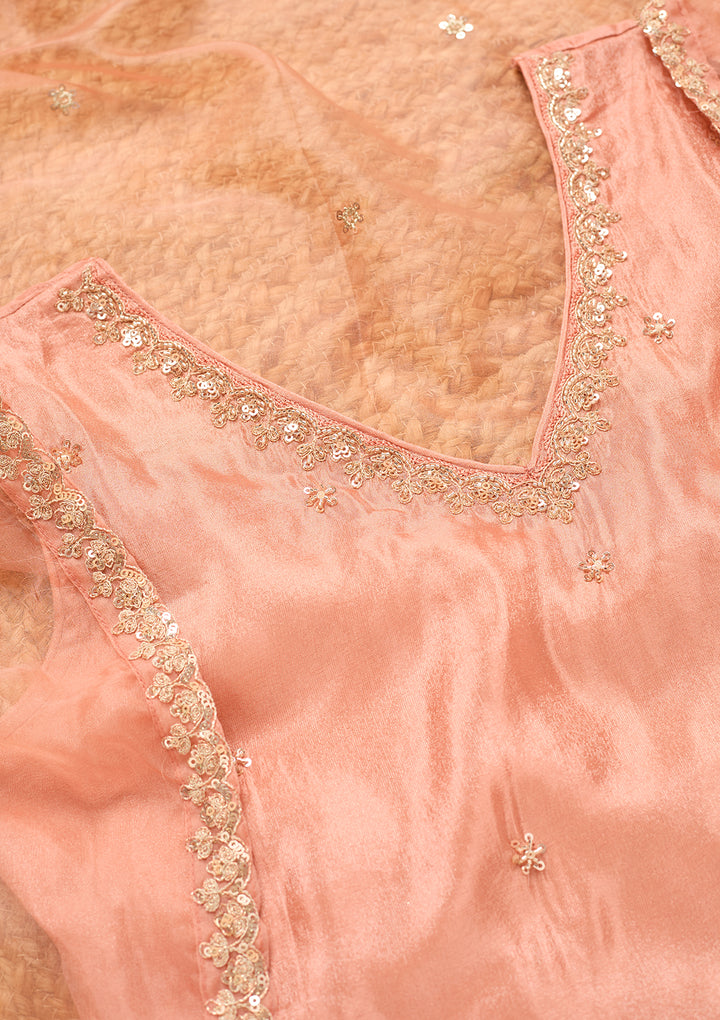 Peach Tissue Cutdana Straight Kurta With Sharara And Dupatta